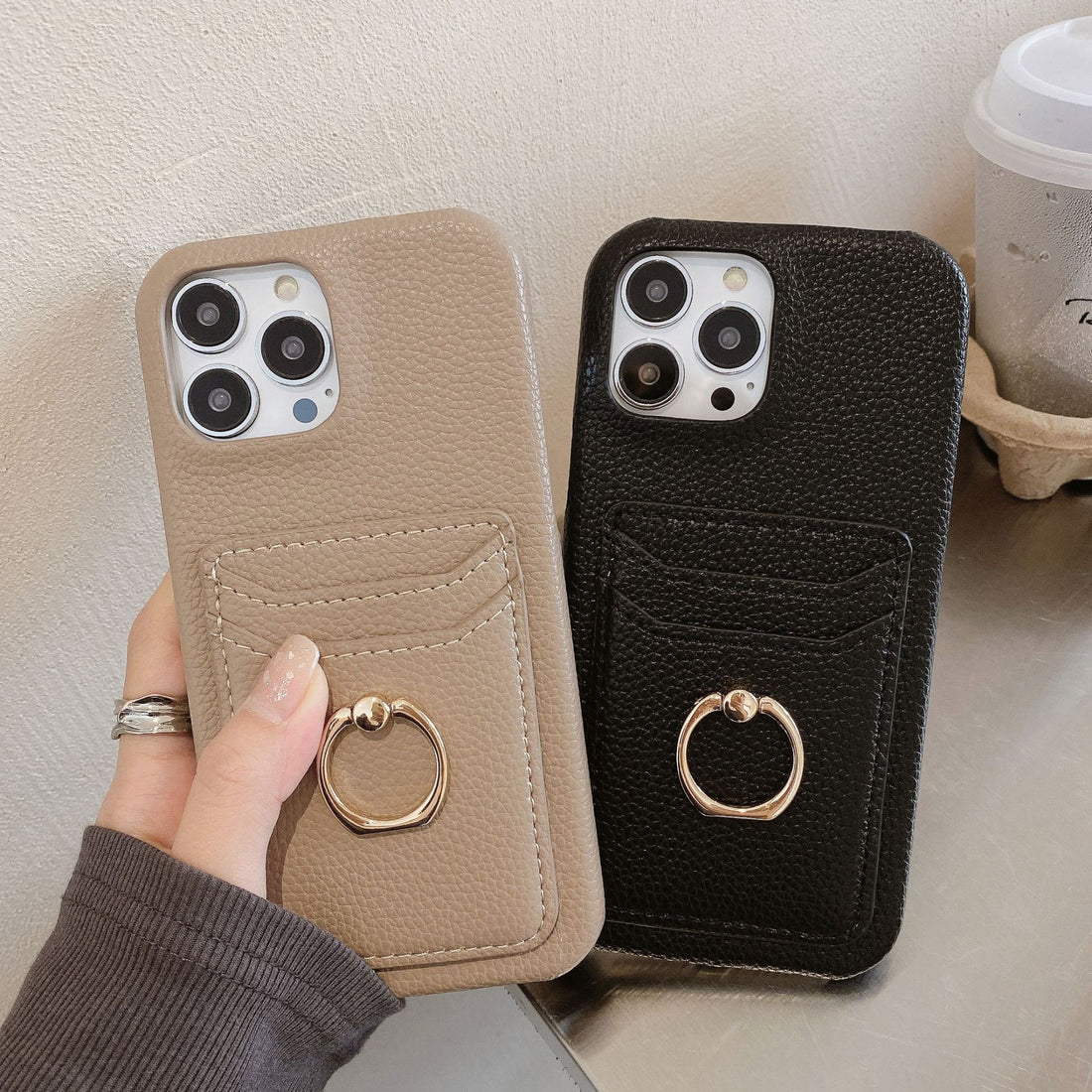 Black genuine leather ring holder phone case suitable for Apple phones