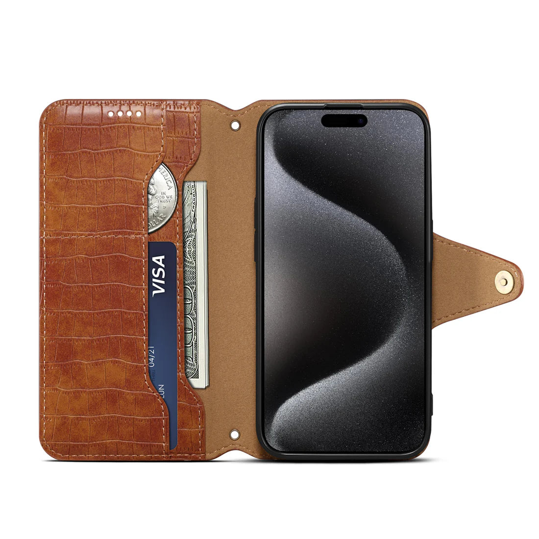 Alligator Print Phone Case With Wallet And Strap For iPhone Brown-644008992020