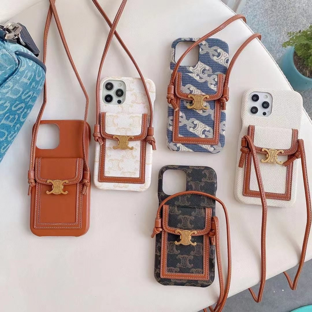 Old leather sling strap card holder phone case, suitable for iPhone