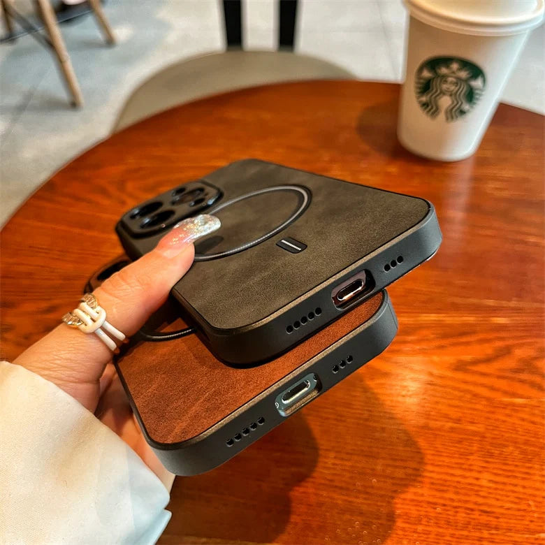 Luxury Retro Matte Leather Magsafe Magnetic Wireless Charge Case For iPhone