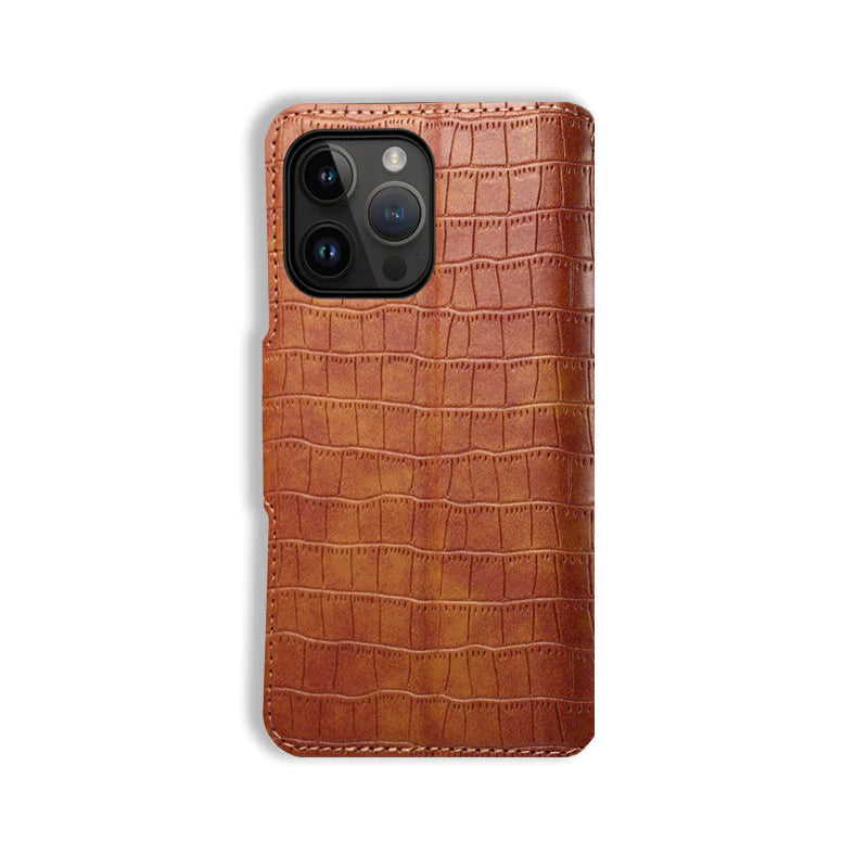 Alligator Print Phone Case With Wallet And Strap For iPhone Brown-644008992020