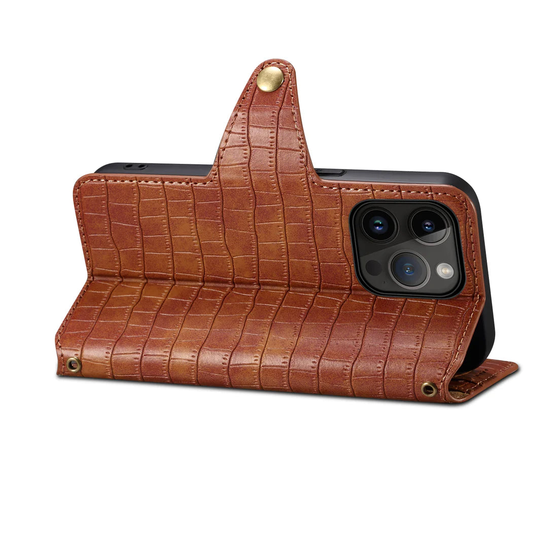 Alligator Print Phone Case With Wallet And Strap For iPhone Brown-644008992020
